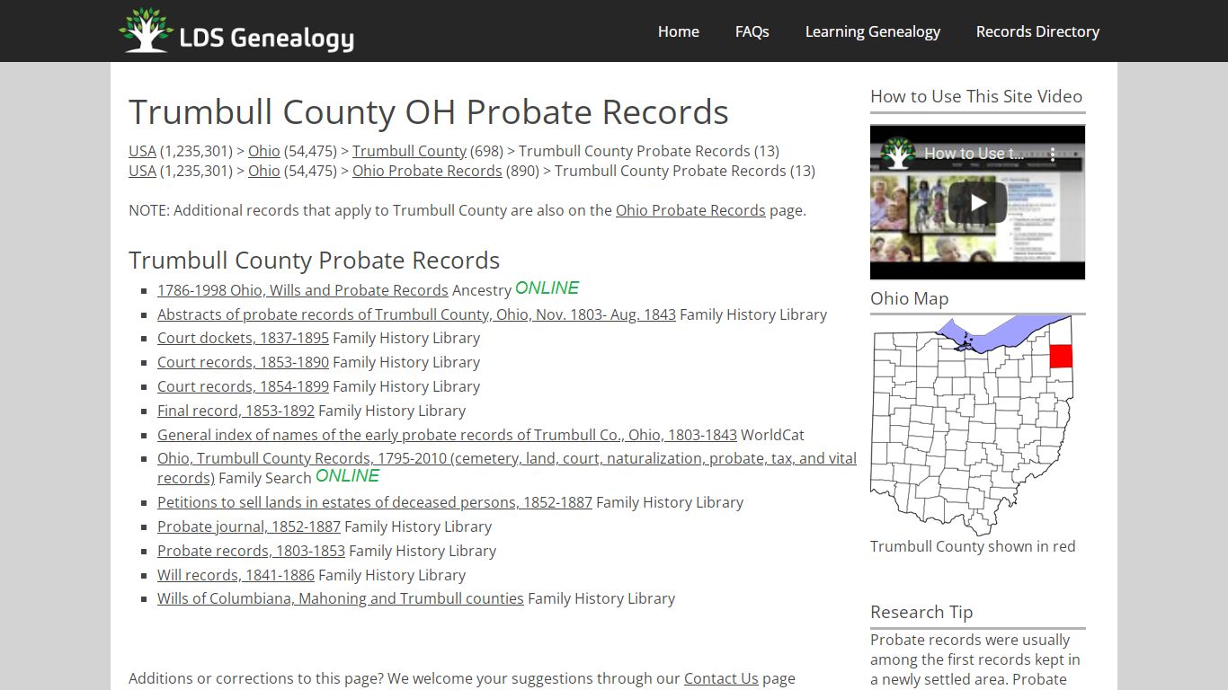 Trumbull County OH Probate Records - LDS Genealogy